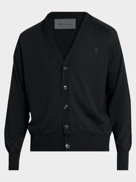 AMI Paris Men's Tonal Embroidered Ami De Coeur Wool Knit Cardigan