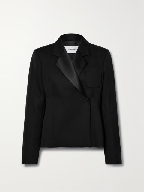 FERRAGAMO Double-breasted Satin-trimmed Grain De Poudre Wool Blazer