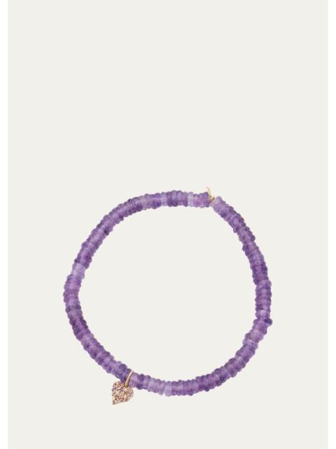 SYDNEY EVAN 14K Diamond and Amethyst Heart on Beaded Stretch Bracelet