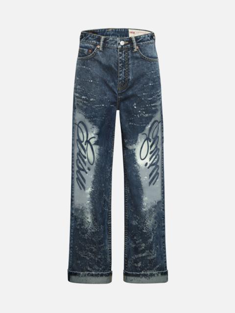 EVISU SEAGULL EMBROIDERY AND LASER-BURNED WIDE-LEG JEANS