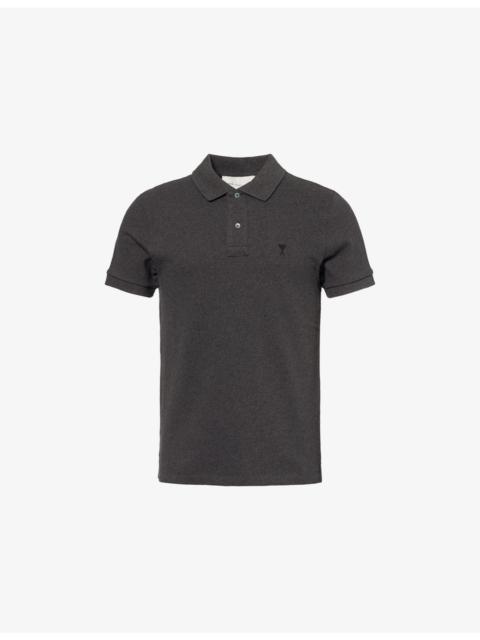 AMI Paris Logo-Embroidered Knitted Cotton Polo Top