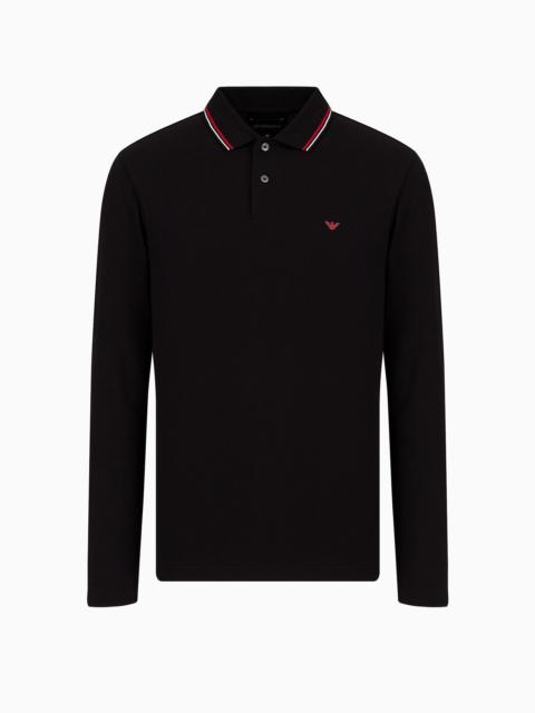 EMPORIO ARMANI Long-sleeved stretch piqué polo shirt with micro eagle embroidery