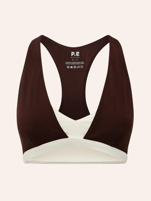 P.E NATION UNITY SPORTS BRA IN MAHOGANY & WHISPER WHITE