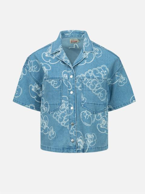 EVISU ALLOVER GRAFFITI DARUMA AND LOGO DISCHARGED-PRINT DENIM SHIRT