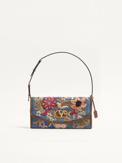 Valentino VALENTINO GARAVANI DEVAIN SMALL EMBROIDERED DENIM SHOULDER BAG