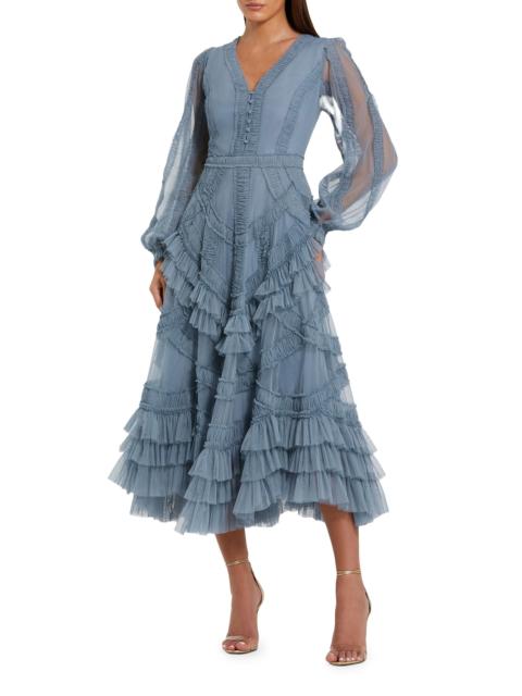 MAC DUGGAL Women's Mesh Micro Ruffle Midi-Dress - Slate Blue