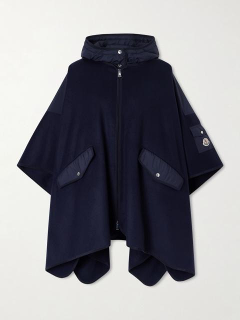 Moncler Hooded appliquéd shell-trimmed wool-blend cape Navy