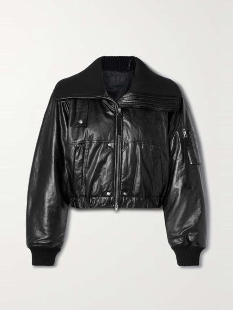 Cropped textured-leather bomber jacket