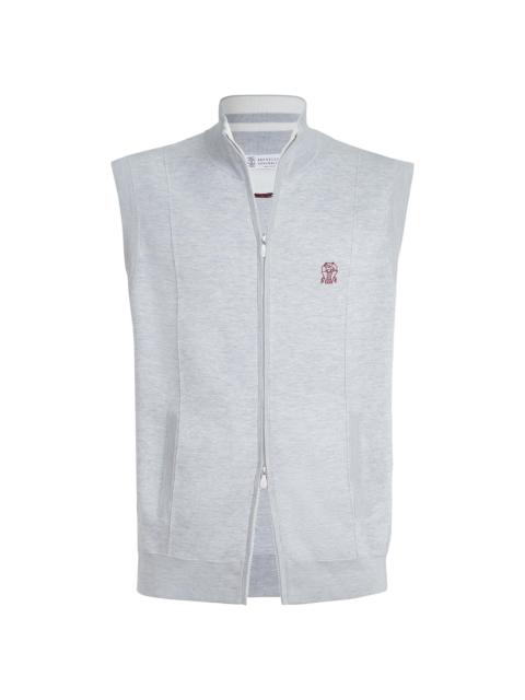 Brunello Cucinelli Men's Cotton and Silk French Terry Double Knit Vest with Logo - Pebble