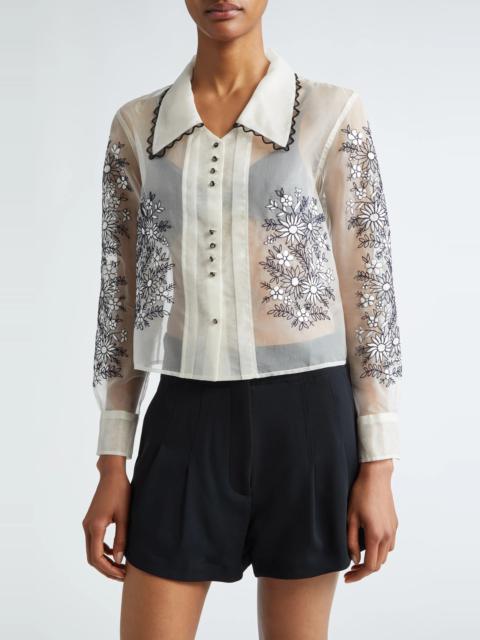 BODE Floral Embroidered Silk Organza Button-Up Shirt