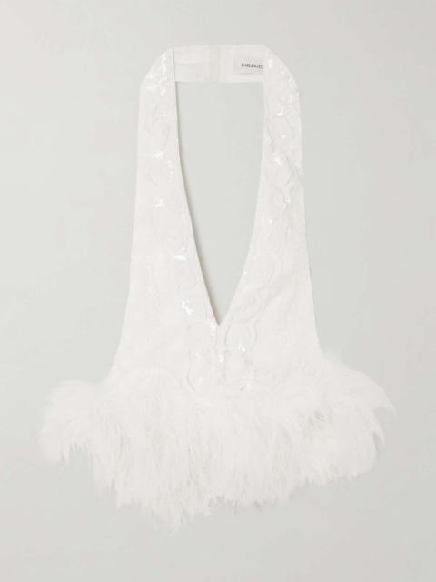 16ARLINGTON Salina feather-trimmed embellished tulle halterneck top
