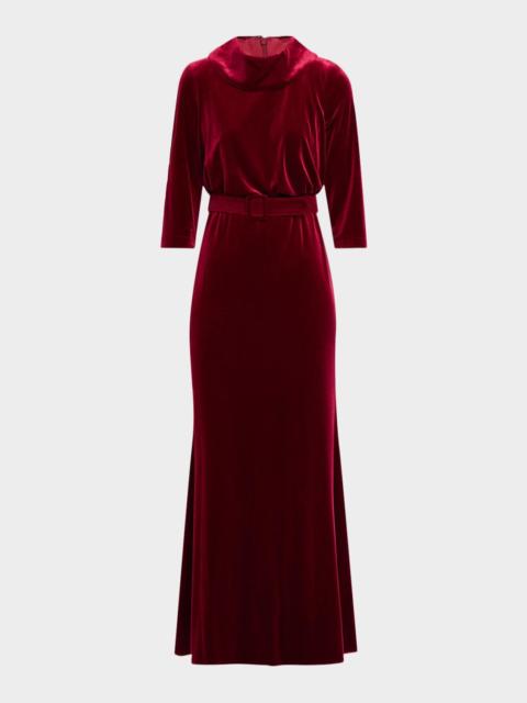 BADGLEY MISCHKA Belted Funnel-Neck Velvet Gown