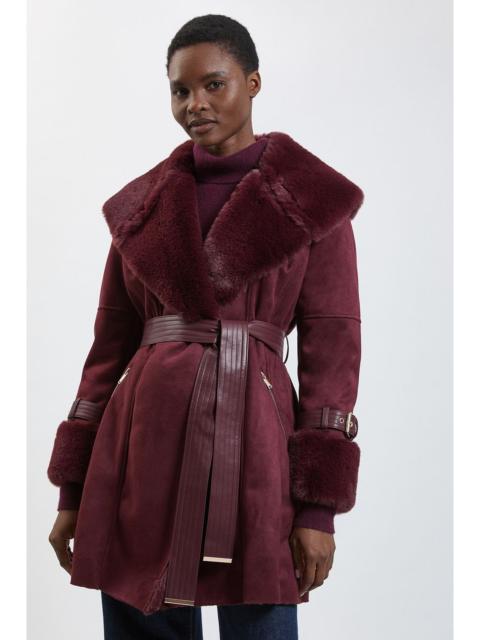 KAREN MILLEN Faux Shearling Collar & Cuff Belted Short Coat