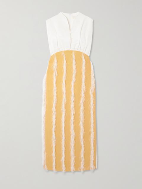 DESTREE Paz Faux Feather-trimmed Pleated Cotton-blend Twill Midi Dress