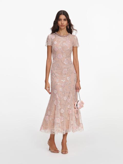 self-portrait Pink Flower Sequin Embellished Midi Dress