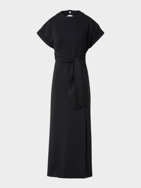 AKRIS XL Dot Cutout Short-Sleeve Belted Midi Slit Dress