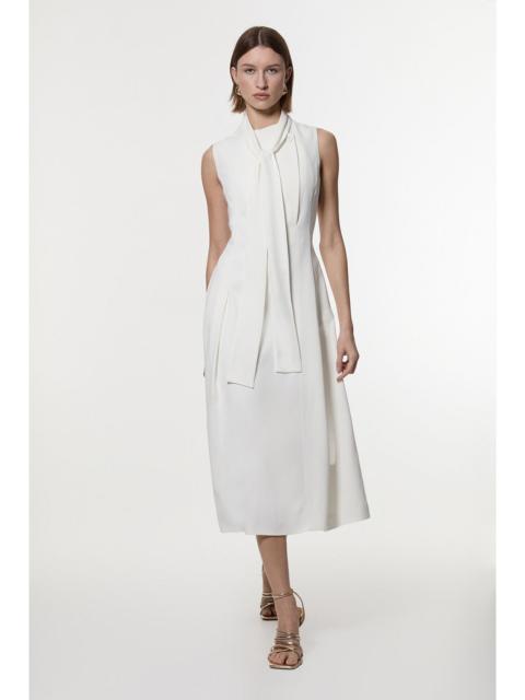 KAREN MILLEN Compact Stretch Viscose Tie Neck Tailored Full Skirted Midi Dress