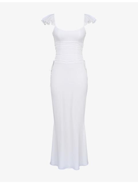 House of CB Viana Flutter-Sleeve Side-Lace Woven Maxi Dress