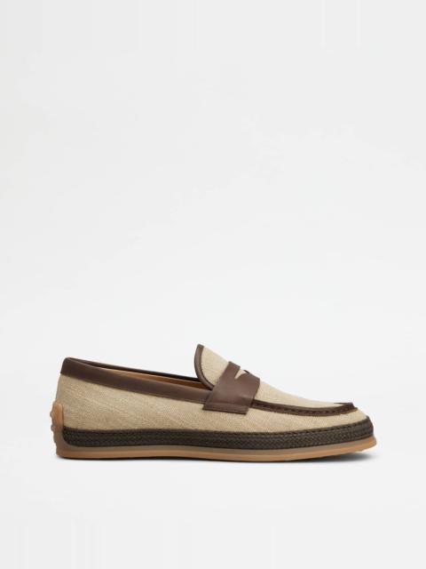 Tod's LOAFERS IN CANVAS AND LEATHER - BEIGE, BROWN