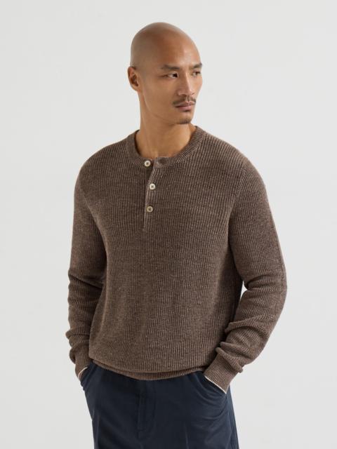 Brunello Cucinelli Cotton and linen half English rib knit sweater with Henley collar