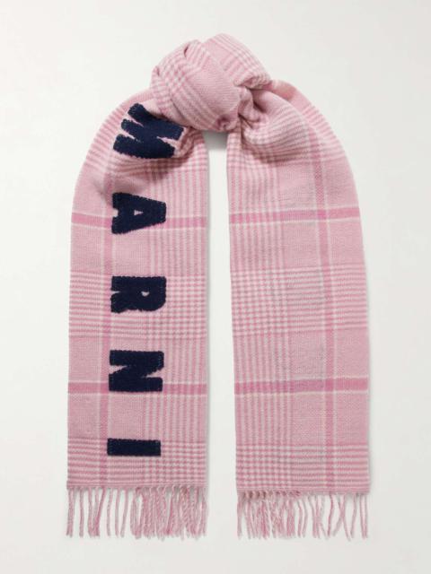 Marni Fringed embroidered Prince of Wales checked wool scarf