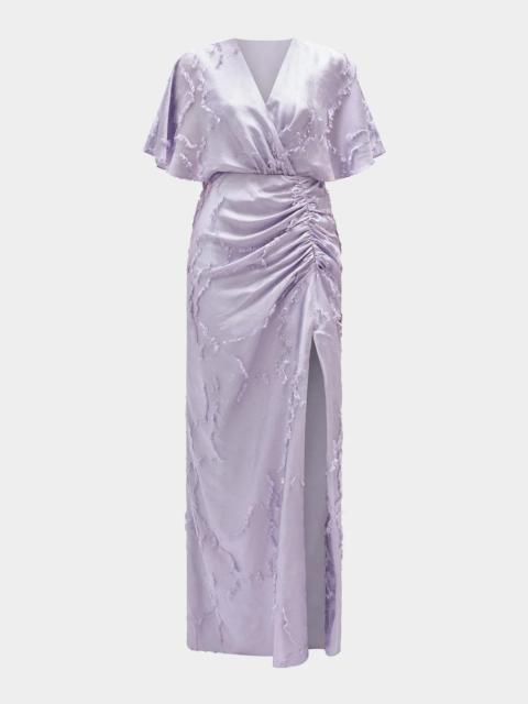 AMSALE Textured Floral Jacquard Flutter-Sleeve Maxi Dress
