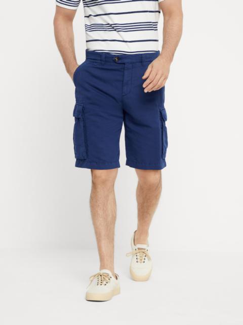 Garment-dyed Bermuda shorts in twisted linen and cotton gabardine with cargo pockets