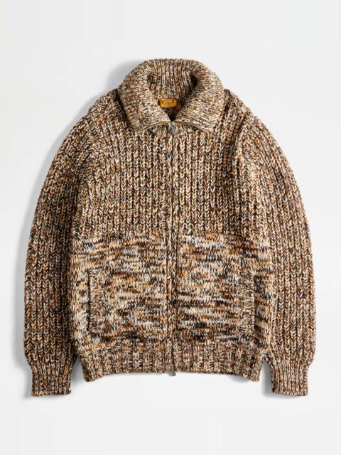 Tod's MOULINÉ ZIPPED CARDIGAN - BROWN