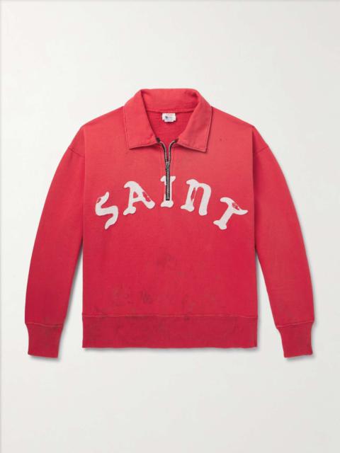 SAINT M×××××× Distressed Logo-Appliquéd Cotton-Jersey Half-Zip Sweatshirt
