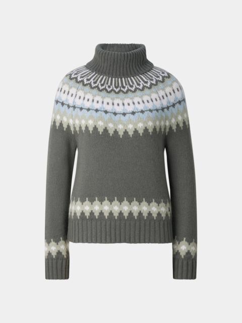 BOGNER Ingrid Cashmere Norwegian Pullover in Olive/Light Blue/Off-White