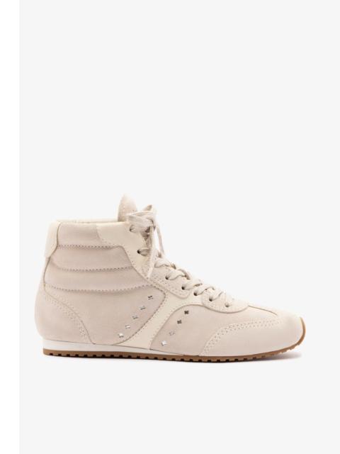 Larroudé Stella Mid Sneaker In Mushroom Grey Suede and Ivory Leather