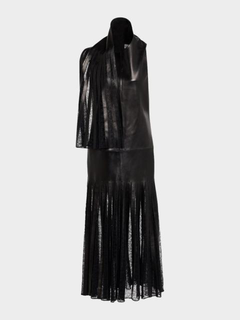 BRANDON MAXWELL The Blythe Lace-Inset Scarf-Neck Leather Maxi Dress