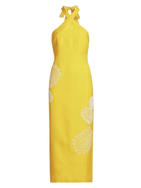 SIGNIFICANT OTHER Women's Carly Embroidered Linen-Blend Halterneck Midi-Dress - Lemon