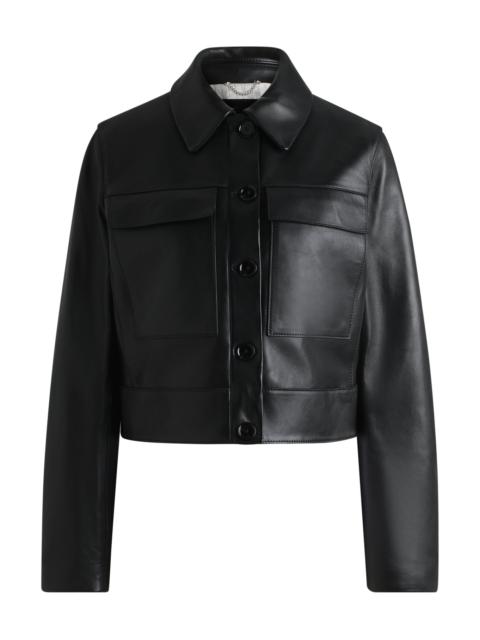 BOSS LEATHER JACKET WITH CONTRAST CUFFS AND BUTTONED CLOSURE