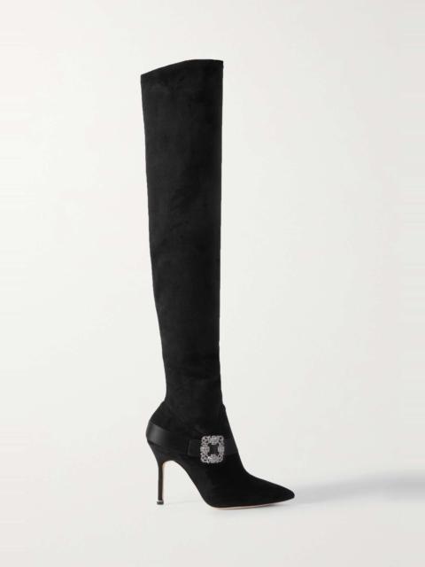 Manolo Blahnik Plinianuthi 105 buckled satin-trimmed suede over-the-knee boots