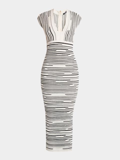 Balmain Plunging Glittered Cap-Sleeve Midi Dress