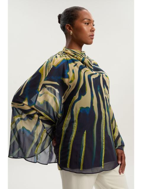KAREN MILLEN Plus Size Animal Print Georgette Embellished Woven High Neck Cape Blouse