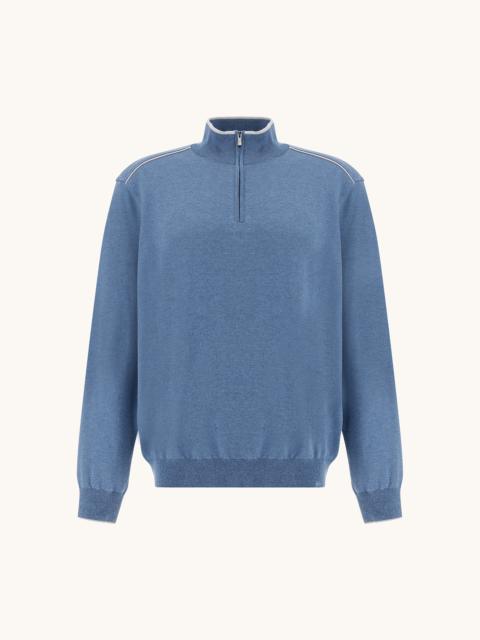 Paul & Shark HALF‑ZIP SWEATER IN COTTON AND SILK WITH AQUALEATHER SUEDE DETAILS