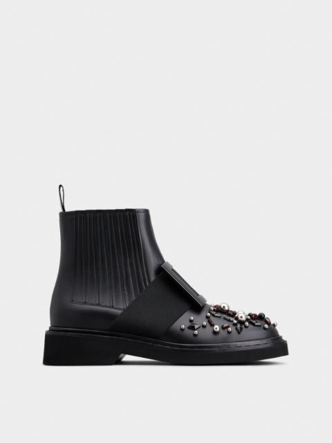 Roger Vivier Viv' Rangers Studs Lacquered Buckle Chelsea Ankle Boots in Leather