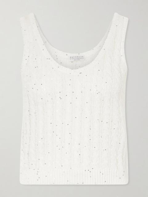 Brunello Cucinelli Sequin-embellished Open-knit Linen-blend Tank