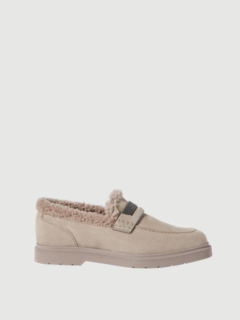 Brunello Cucinelli Suede penny loafers with shearling lining and precious insert