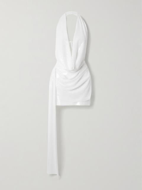 ALEX PERRY Halterneck Draped Sequined Crepe Mini Dress