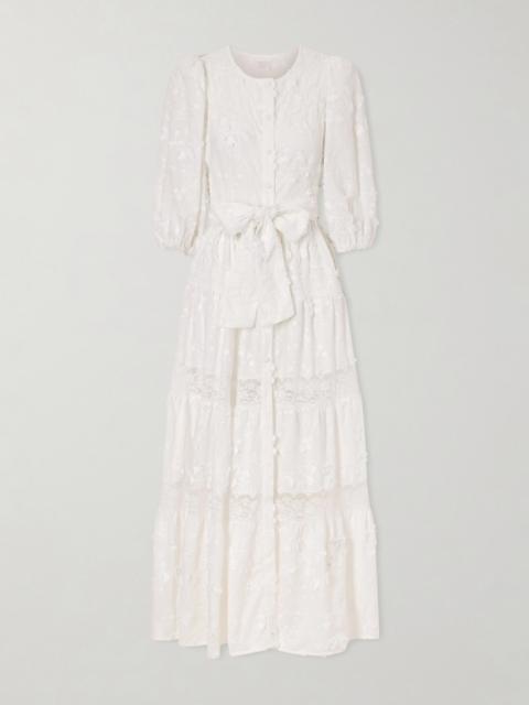 LORETTA CAPONI Poppi Belted Tiered Lace-trimmed Broderie Anglaise Cotton Maxi Dress