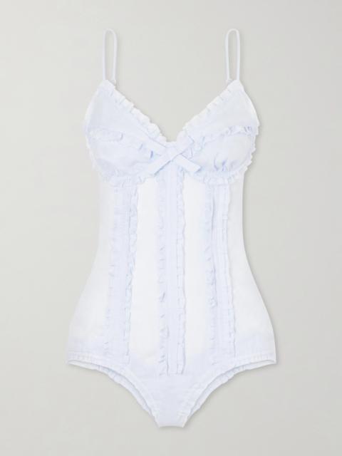 SHUSHU/TONG Bow-embellished Ruched Linen Bustier Bodysuit