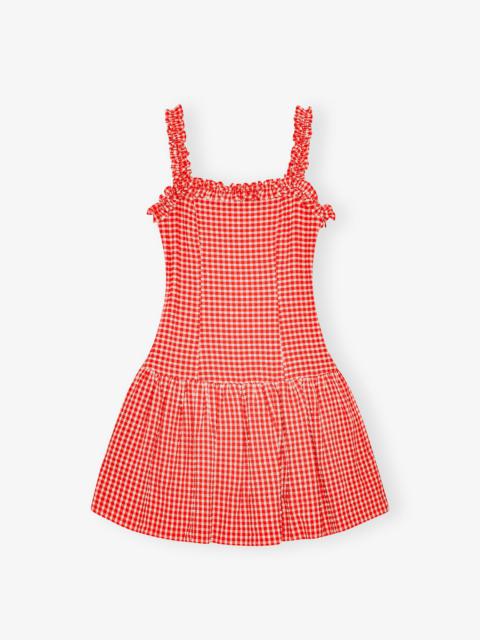 Ganni ■Crinkled Taffeta Check Frill Mini Dress - Red Crinkled Taffeta Check Frill Mini Dress Red Alert | Carma