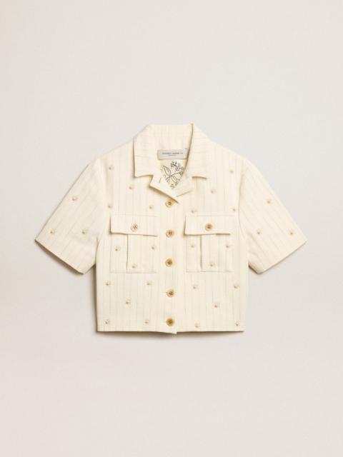 Golden Goose Aged white jacket in pinstripe cotton with all-over floral embroidery