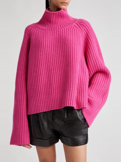 STAND STUDIO Funnel Neck Crop Wool Rib Sweater in Fuchsia/Bright Poppy