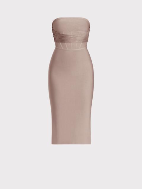 HERVE LEGER DRAPED STRAPLESS FRINGE MIDI DRESS