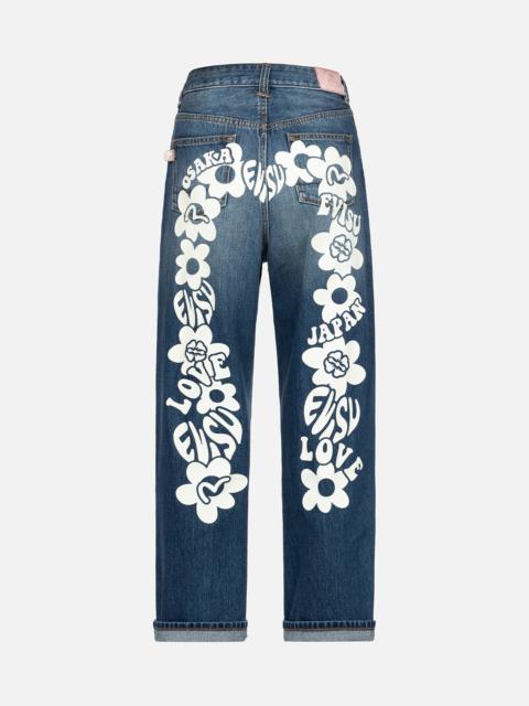 EVISU FLORAL SEAGULL PLASTISOL DAICOCK PRINT WIDE LEG JEANS