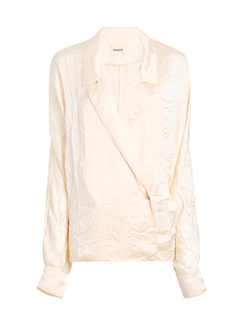 KHAITE Garth Wrap-Front Satin Blouse off-white